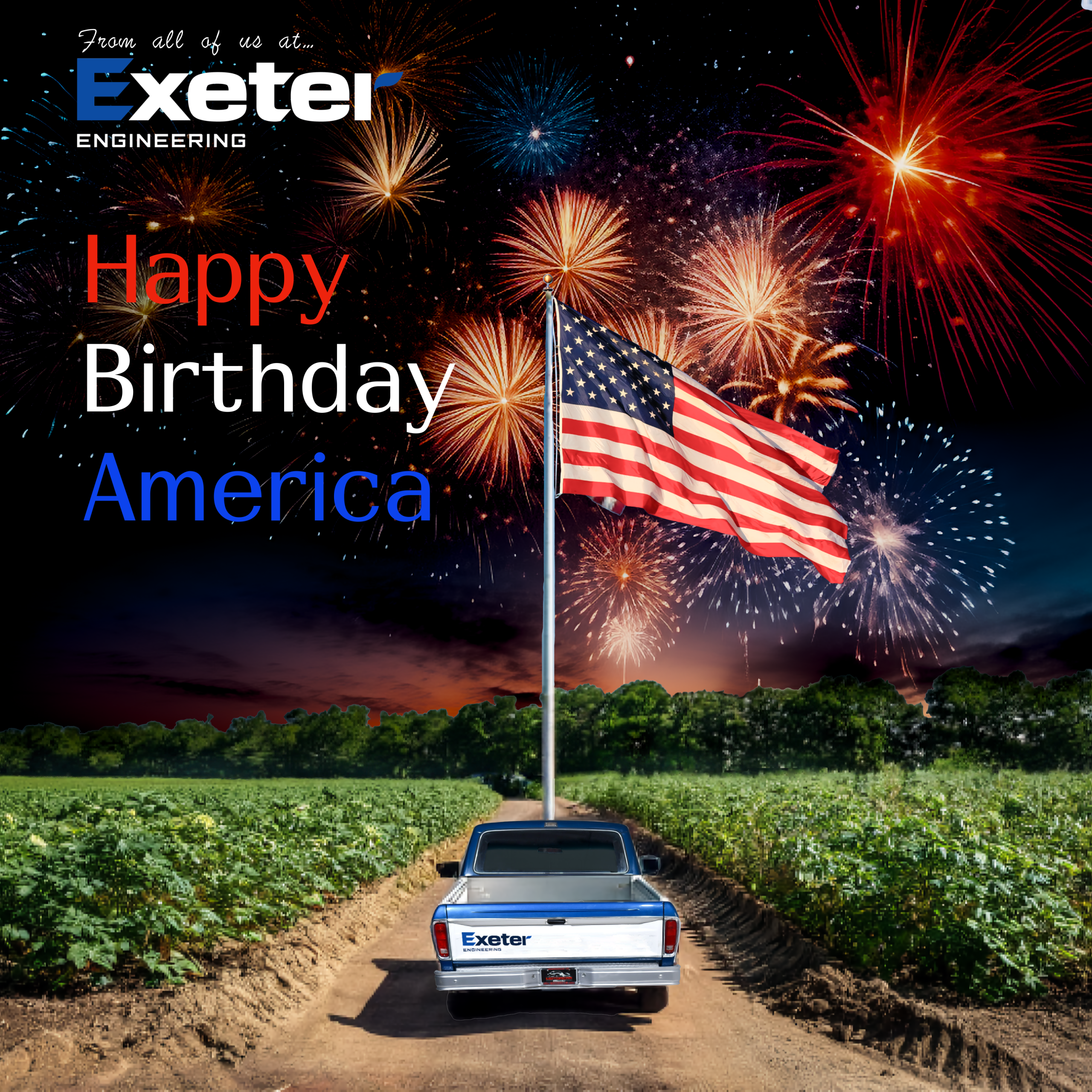 A scene reminiscent of a Rene Magritte painting, the foreground has a potato field and an Exeter Engineering truck in daylight, while the background has a night sky filled with fireworks. That caption reads 